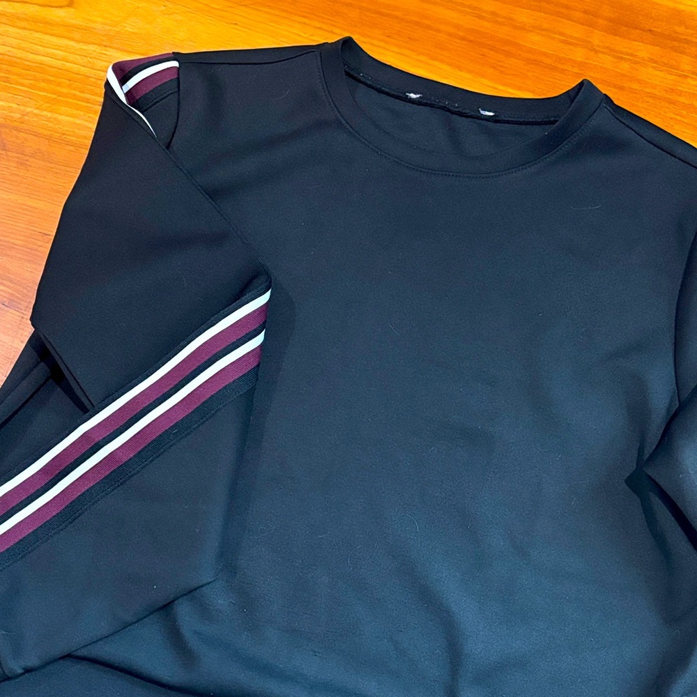 3 for $10 Black Crew Neck Sweatshirt with Striped Sleeves